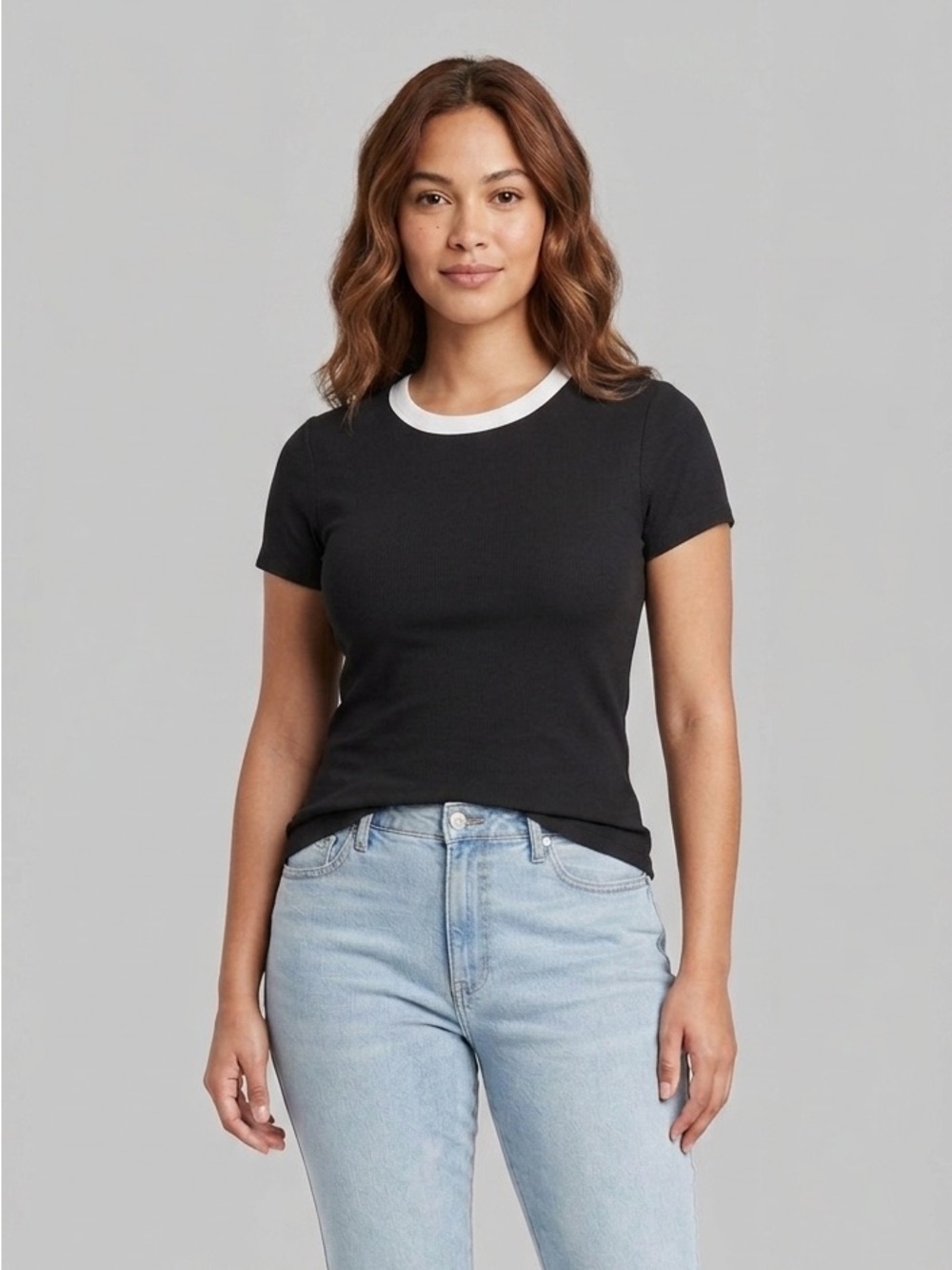 a new day Black Short Sleeve Tee with White Crewneck